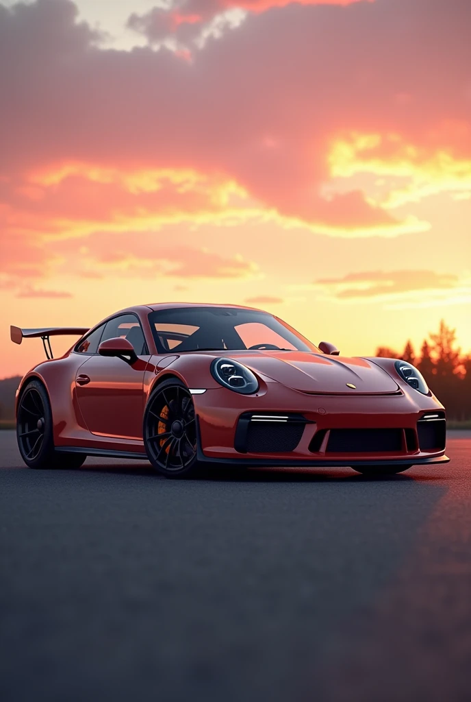 Create a hyper realistic photo of Porsche 911 with a sunset that has a slightly blurred background 
