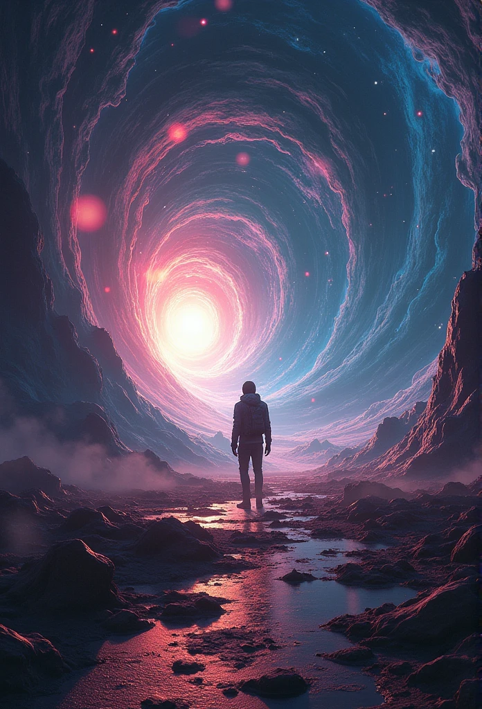 Featuring the concept of an interstellar probe passing through a wormhole、Create a poster for NASA's Innovative Advanced Concepts program, Surrounded by swirling cosmic energy, Embarking on a journey to explore distant galaxies, figure, Surreal style with vibrant colors and fantastical elements, --16 pieces:9-5th