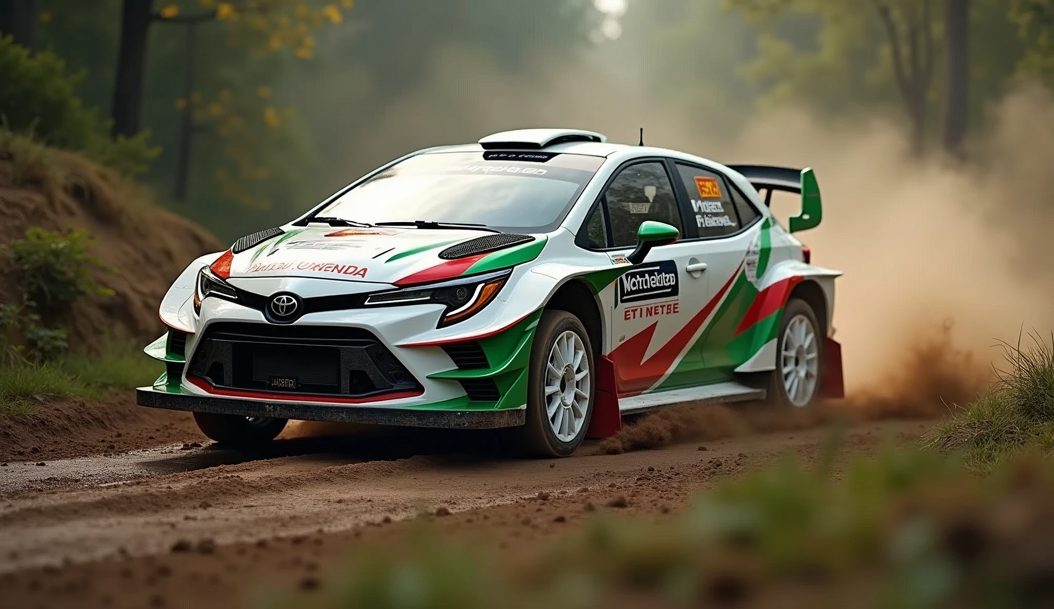 photo,real photo,bokeh, lens flare, atmospheric perspective,blurry background,Toyota、Corolla Sport,Rally venue,Mudflaps,White Wheels,wrc、Rally Course,drift,((Celica Color)),White background、Green and Red Lines