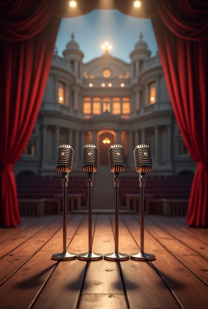 Create a logo with 4 microphones on top of a large wooden stage with a very elegant theater in the background. , that the image looks elegant, I want the image to look extremely realistic