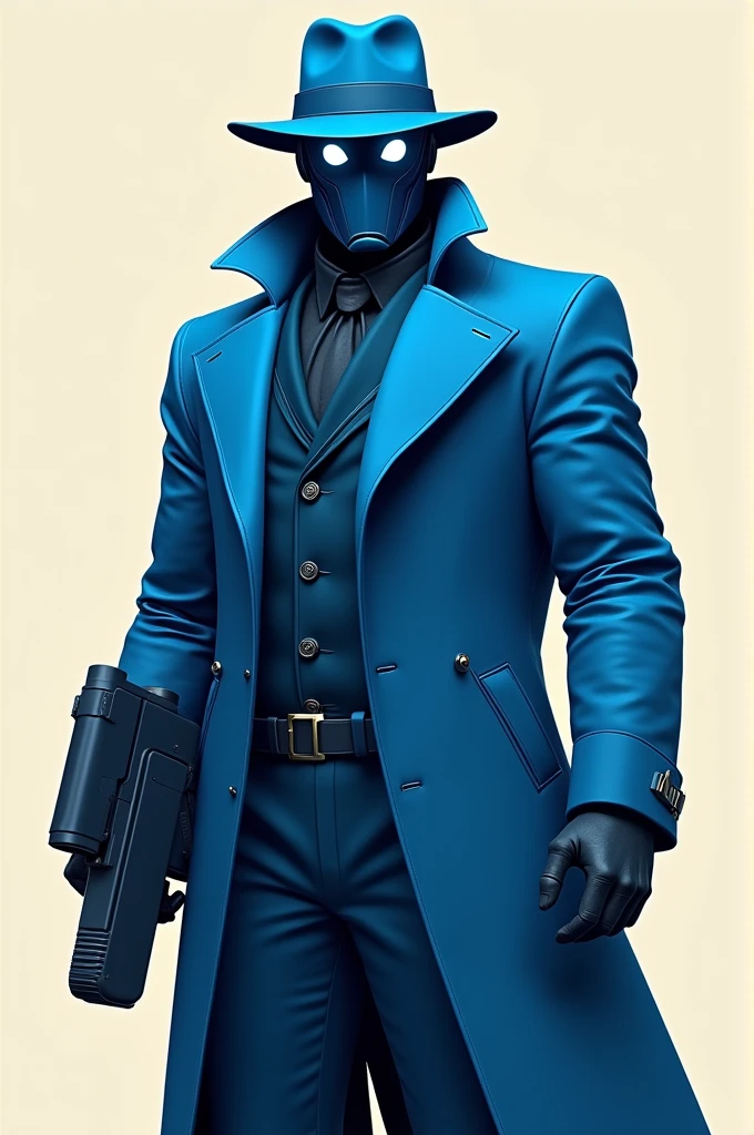 A comic-themed humanoid robot, wearing a closed blue trench coat, a blue fedora hat, a mask with no details instead of a face, blue in color with two unique white eyes and an energy cannon on the left arm 
