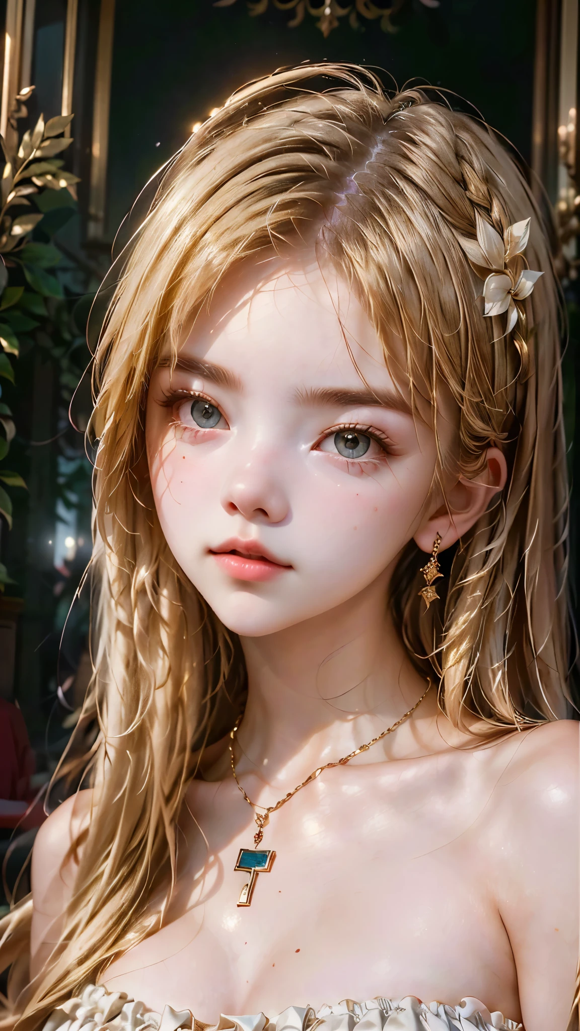 a close up of a woman with long hair wearing a necklace, young and cute girl, 19-year-old girl, she has a cute face, young cute face, anya taylor joy, a beautiful teen-aged girl, tiktok video, she has a cute expressive face, cute young girl, blonde hair and large eyes, a girl with blonde hair