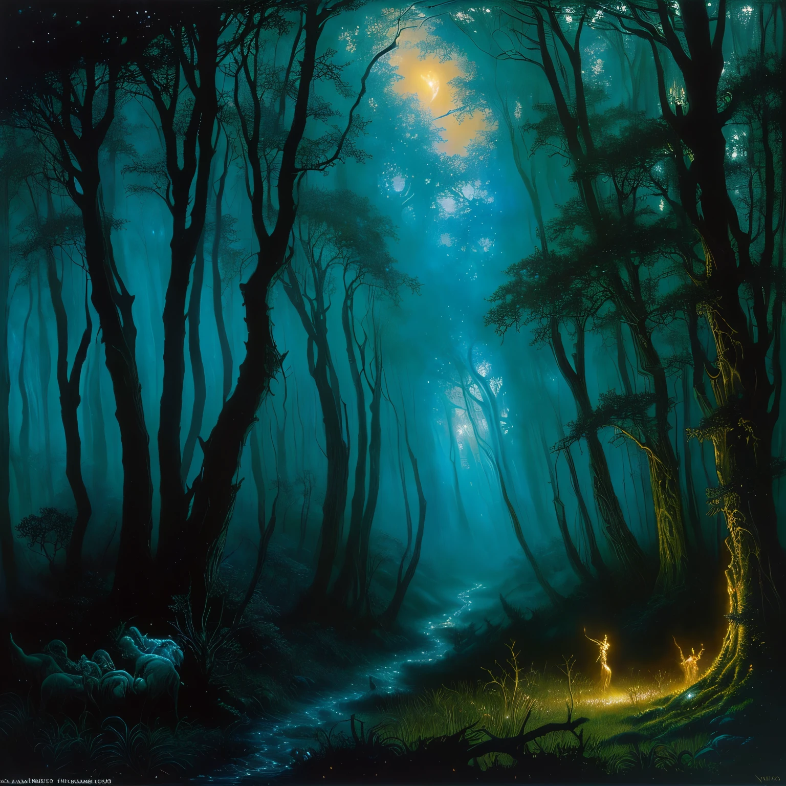 dark fantasy oil painting, virgil finlaytim hildebrandt, oil paint, abstrat, Mystical scene, Whirlwind scene in the forest, Mystic oil on linen, fantasy artistic painting, luminescent wisps, bright and turbulent mist, Michael Whelan e Gustave Dore, the fairies' moonlight dance, in a forest at night, nobody