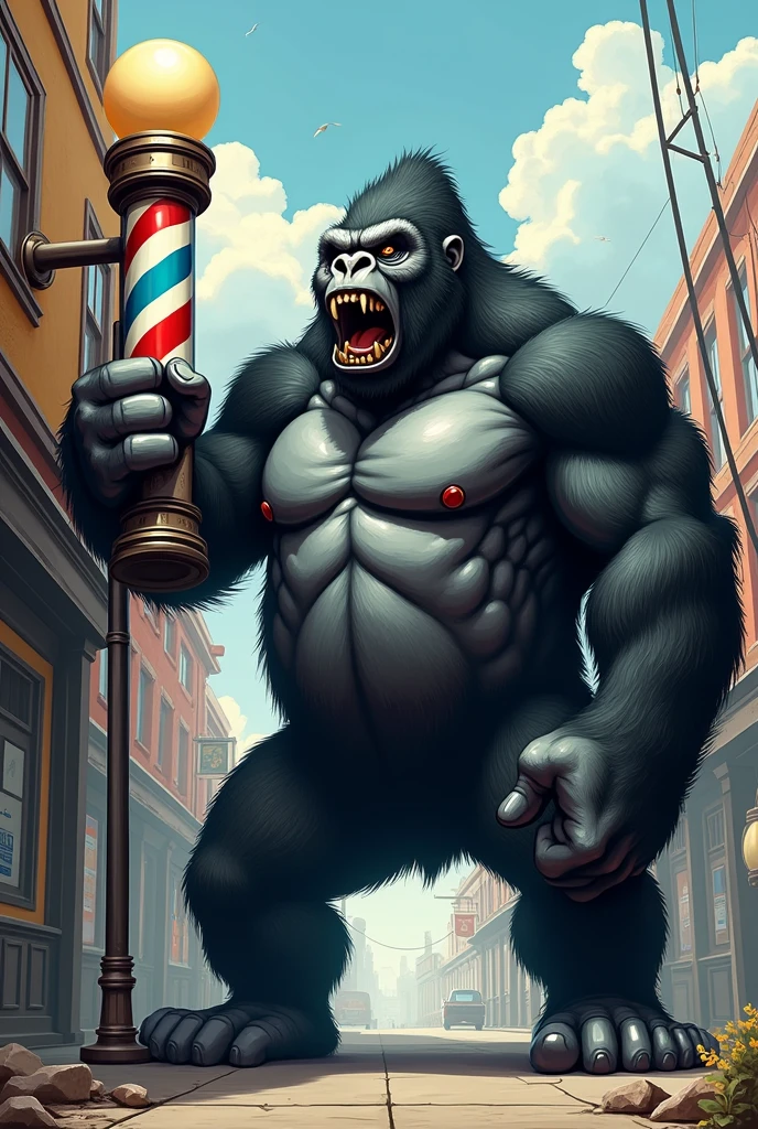 Barber shop sign of a monkey with a furious giant gorilla beating its chest and holding a barber pole in its hand. 
