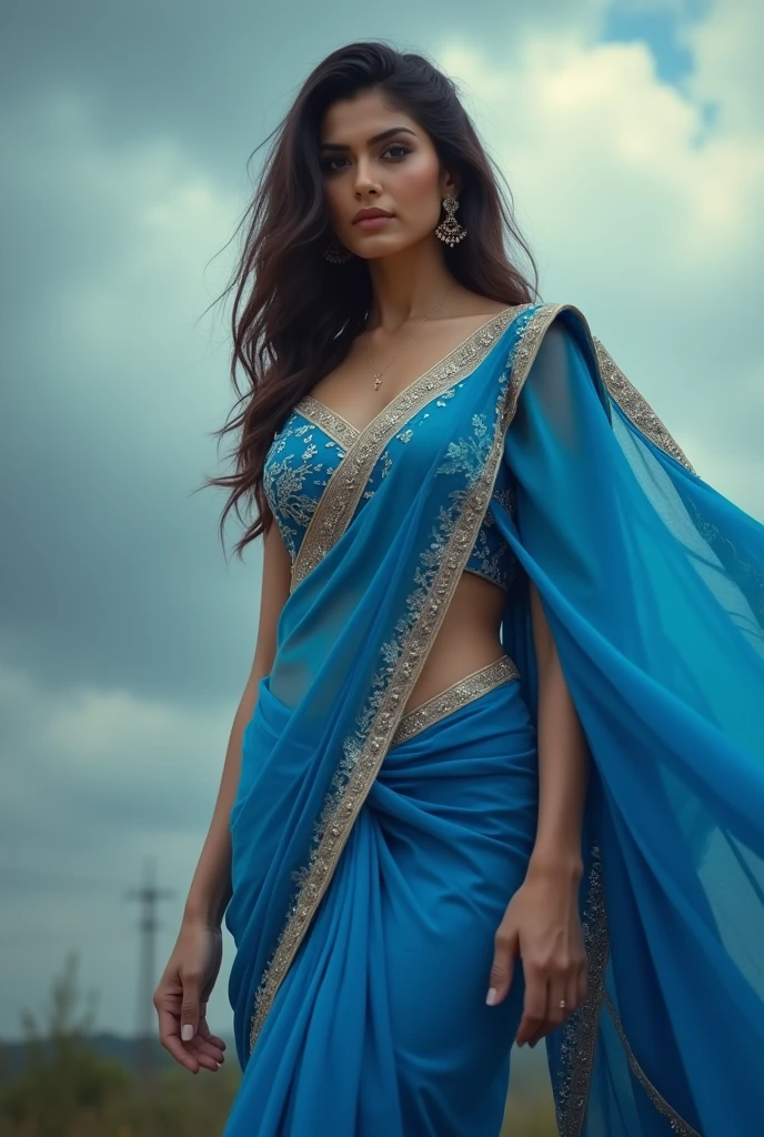 Kriti sanon in blue saree, showing hips, cloud, noises, hot pose, no sunlight, no shining, realistic, raw photo