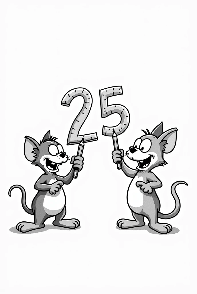 Create an image with the number 25 and Itchy and Scratchy appear, but both with pencils and rulers. They should be the original characters, not in any other colors.