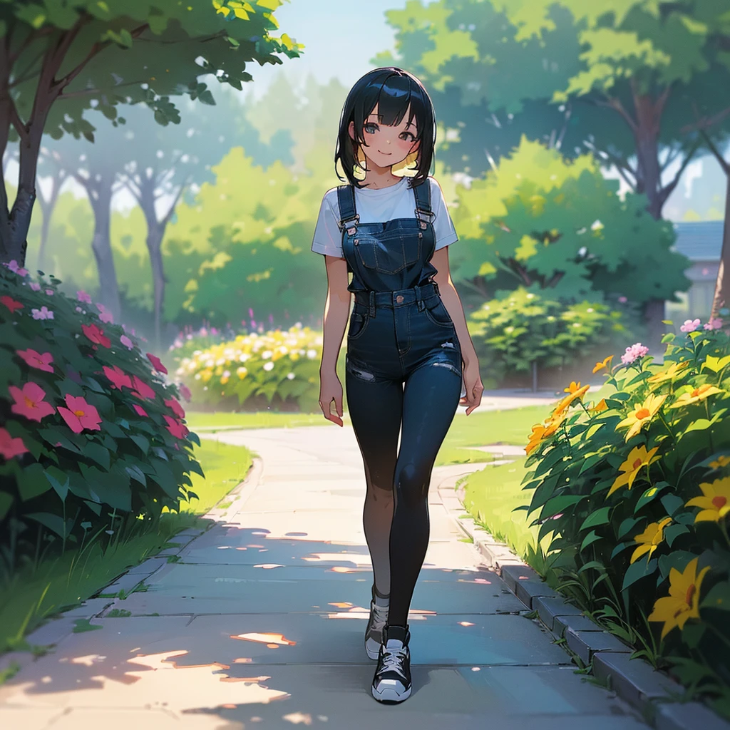 (high quality, High resolution, Very detailed, reality:1.37), Peaceful atmosphere, (Outdoor, garden), Teenage girl standing alone, (my breasts are big.), Beautiful details, Cute Smile, (Black bob hair), Short sleeve shirt, Overalls, Black tights, sneakers.