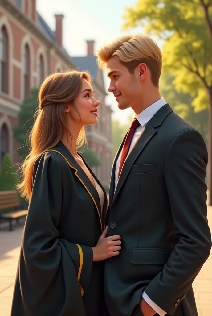 Make a beautiful young woman with light brown hair wearing a university uniform., next to a tall, blond young man , By joining a university