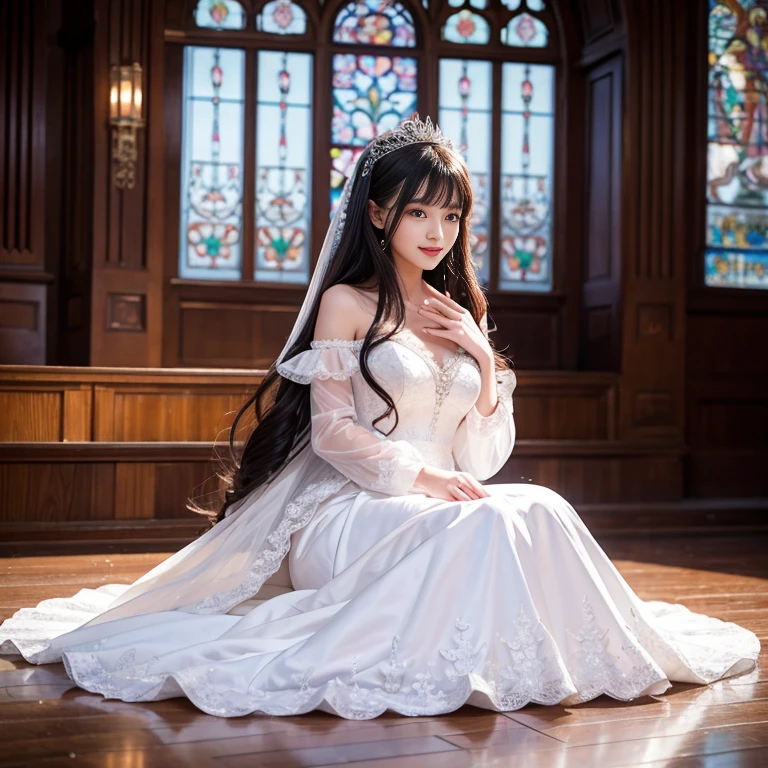 best quality, Delicate face，beautiful visual work, lifelike,  eternity, black hair, Long curly hair, blunt bangs, Smile, Detailed Background,  Delicate face，pink blush，cold，((masterpiece))、(top quality)、8k、high detail、Super detailed，31 years old female，Seductive and whimsical style、masterpiece、born、Scenes resembling fairy tale illustrations、Intricate details and complex designs、Beautifully、magic、capricious、 Beautifully、Dream aesthetics、「𝓡𝓸𝓶𝓪𝓷𝓽𝓲𝓬、ethereal、charming、fickle、magic」、Realism、Visual effects、FXAA、SSAO、Shaders、voiceless、ambient lighting、Tone mapping、High resolution、Ultra high quality、Million pixels、(8K resolution:1.10)、8k、Below 8K、8K resolution、high detail、intricate details， (high quality:1.2、masterpiece:1.2、:1.21)、(31 years old female:1.21)、(Smile excitedly)、(Surrounded by the dreamy atmosphere、Model diagram，full-body shot，Normal 2 feet，Don't show your fingers，wearing white princess wedding dress, Don’t show your feet, big skirts, princess dress, wedding princess dress, ball gown wedding dress, bride, bridal veil,in the church，Holding flowers in both hands， long skirt, long sleeves,a bride, skirt covers feet.