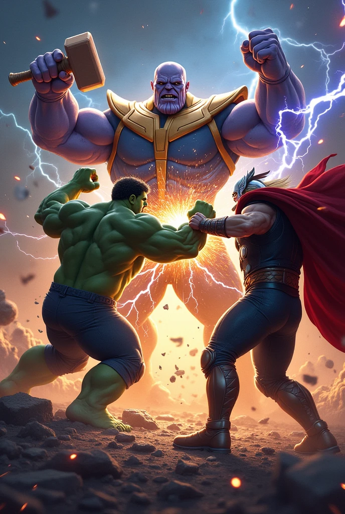 Hulk and Thor fighting with  Thanos 