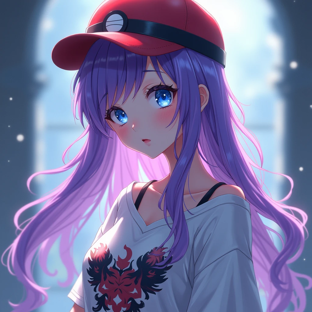 Female character, anime styling, cabelo roxo, long hair, pretty, skin fair, blue colored eyes, with a Pokémon Poké Ball hat, demon slayer anime shirt


