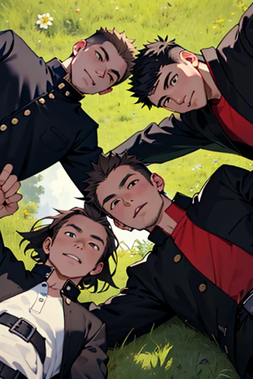 3 guys, With 3 people, Iris, Point pupils, Black Hair、Brown Hair, Black Hair、short hair, gakuran, Black jacket,Red Shirt、Black Belt, Black trousers, bad、Riverbank、On the grass、Three people standing in a row smiling、Lie down,　Upper Body　Seen from below。