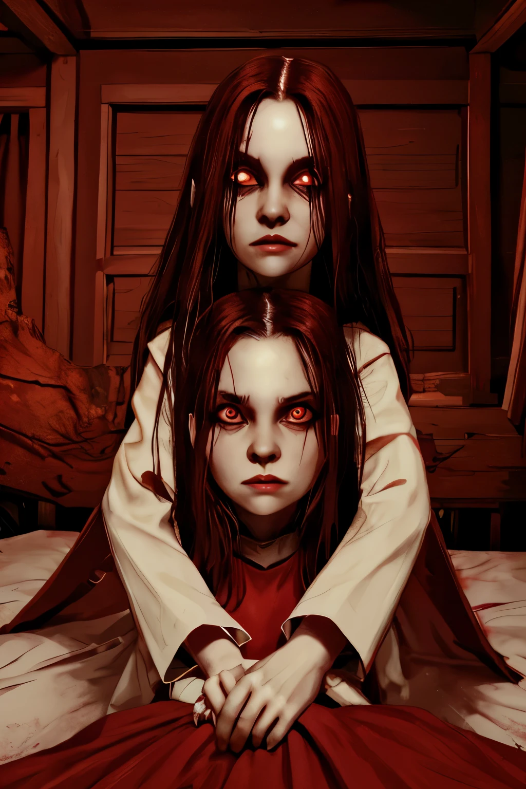 The appearance of the witch entity paralyzes sleep,  thin of 10 years,Red-Haired,scary red eyes,mouth of prey,pale skin,claws of red wine,scary white dress,Room,children,vampyre,grimdark,whole body 