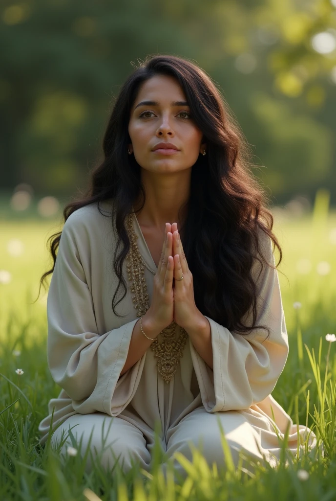 I want a realistic photo of Rosa Mercedes de Castañeda y Coello praying on the grass, but make it look as much like her as possible., Try to make it so the AI is not noticeable