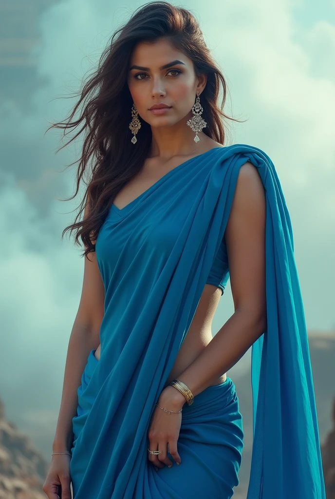 Kriti sanon in blue saree, showing hips, cloud, noises, hot pose, no sunlight, no shining, realistic, raw photo