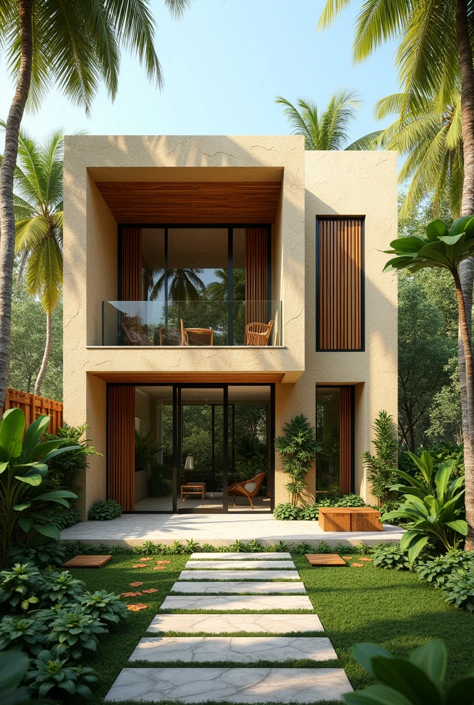 Draw a  5x6m house with stucco,bamboo,palm wood,stone,concrete glass ,tropical settings 