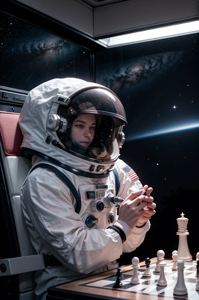 An astronaut in a full space suit is sitting on a bench in a cosmic environment. He is playing a game of chess with a chessboard and floating pieces in front of him. Surrounding the astronaut is a soft pink light that highlights the scene and adds an ethereal touch to the space setting. The background should feature distant stars and galaxies, creating a contrast with the pink illumination and the figure of the astronaut.