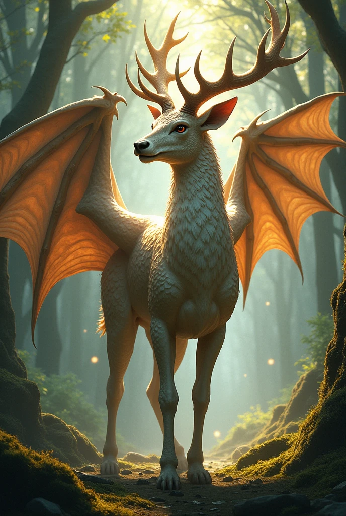 a fusion between a deer and a majestic dragon