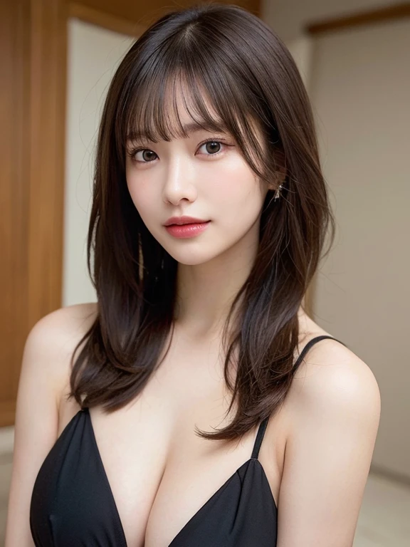 (masterpiece:1.3), (8k, Realistic, RAW Photos, Best image quality: 1.4), 、(Random Hairstyles:1.2)、Highly detailed face、Attention to detail、double eyelid、Sharp focus:1.2、Beautiful woman:1.4、Light brown hair、Highest quality、masterpiece、Ultra-high resolution、(Realistic:1.4)、Highly detailed and professional lighting、Brown Knight、thin、A sparkling smile、Long black hair、Deadly position、Beautiful Skin、Random Pause、Shiny Hair、Natural pose、Exposed cleavage、Swimwear
