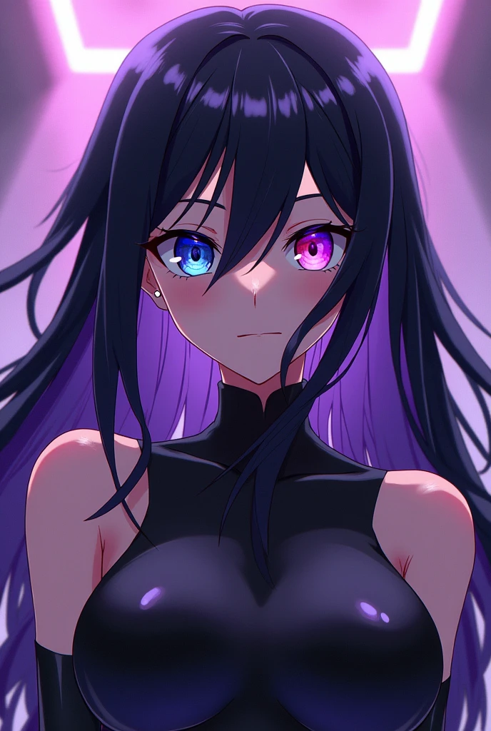 a Dominant omega, with a soft face , his hair is black with purple tips to his shoulders in layers, slightly rebellious,the left eye is divided into blue with black and the right into purple and red, fine features almost feminine, narrow waist and wide hips, two moles on one side of his right eye and a cut on his left eyebrow, in the style of the Boku no Hero Academia anime