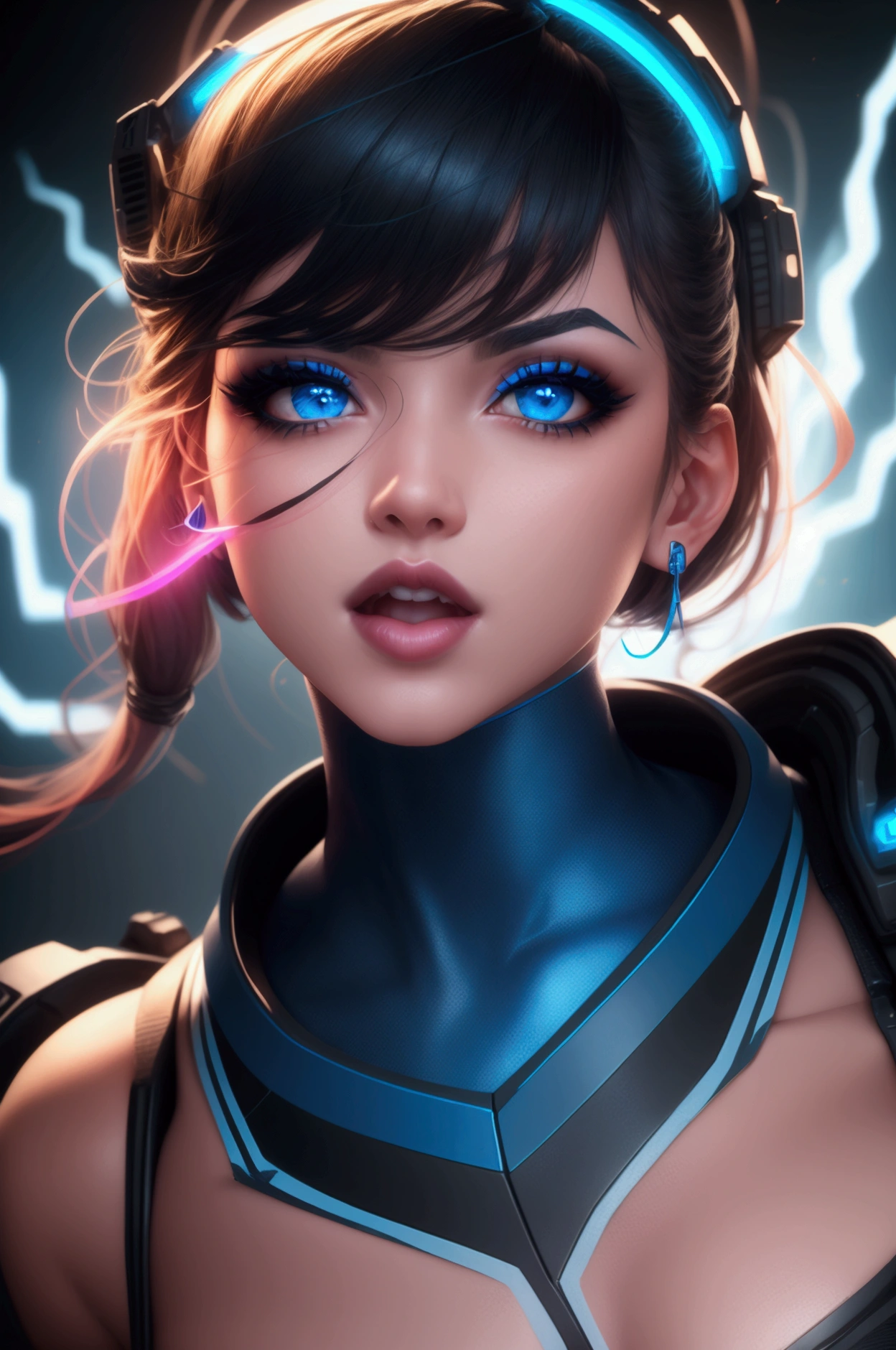 (Canon 50),(Rendered by octane),8k, seducer, symmetrical face, Dramatic cinematic lighting, (very strong blue lighting from behind), (light orange glow on the left side, Dramatic +2, hyper realist, Hi-Tech, Implant Helmet, spirited, very sexy pose. 1womanl, detail on the face, Focus on the face, straight short hair, bangss, hyperrealistic eyes, Integrated circuits exposed on the face, visual sensation of electric current passing through wires through circuits on the face, blue color background, highlight on lips that show fissures, lips with pink lipstick, half-open mouth showing part of the tooth. Black lined eye makeup. 