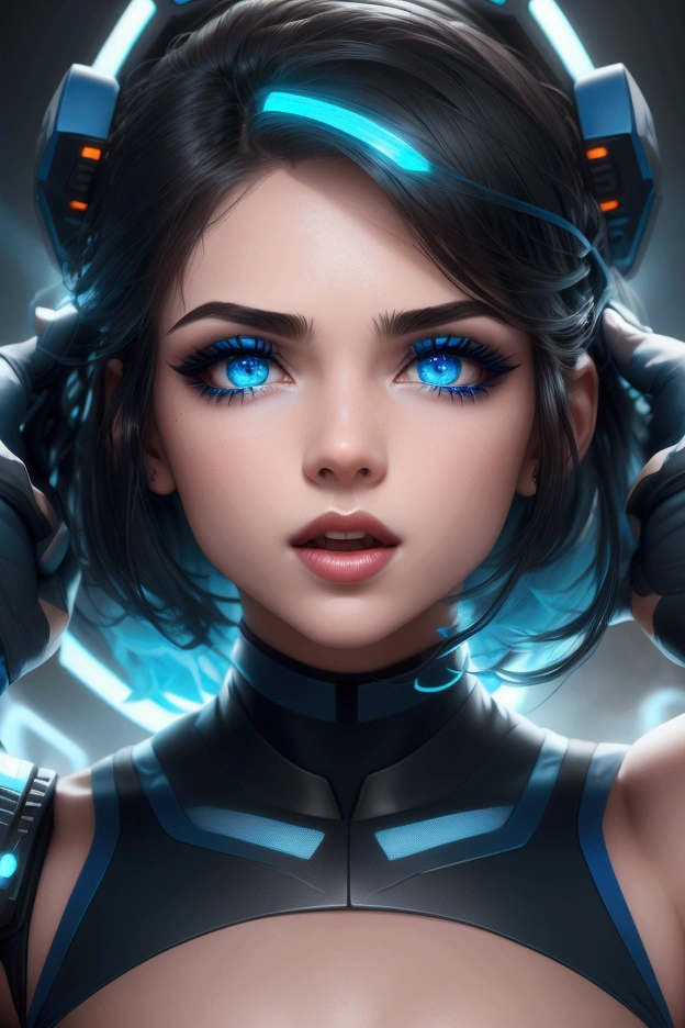 (Canon 50),(Rendered by octane),8k, seducer, symmetrical face, Dramatic cinematic lighting, (very strong blue lighting from behind), (light orange glow on the left side, Dramatic +2, hyper realist, Hi-Tech, Implant Helmet, spirited, very sexy pose. 1womanl, detail on the face, Focus on the face, straight short hair, bangss, hyperrealistic eyes, Integrated circuits exposed on the face, visual sensation of electric current passing through wires through circuits on the face, blue color background, highlight on lips that show fissures, lips with pink lipstick, half-open mouth showing part of the tooth. Black lined eye makeup. 