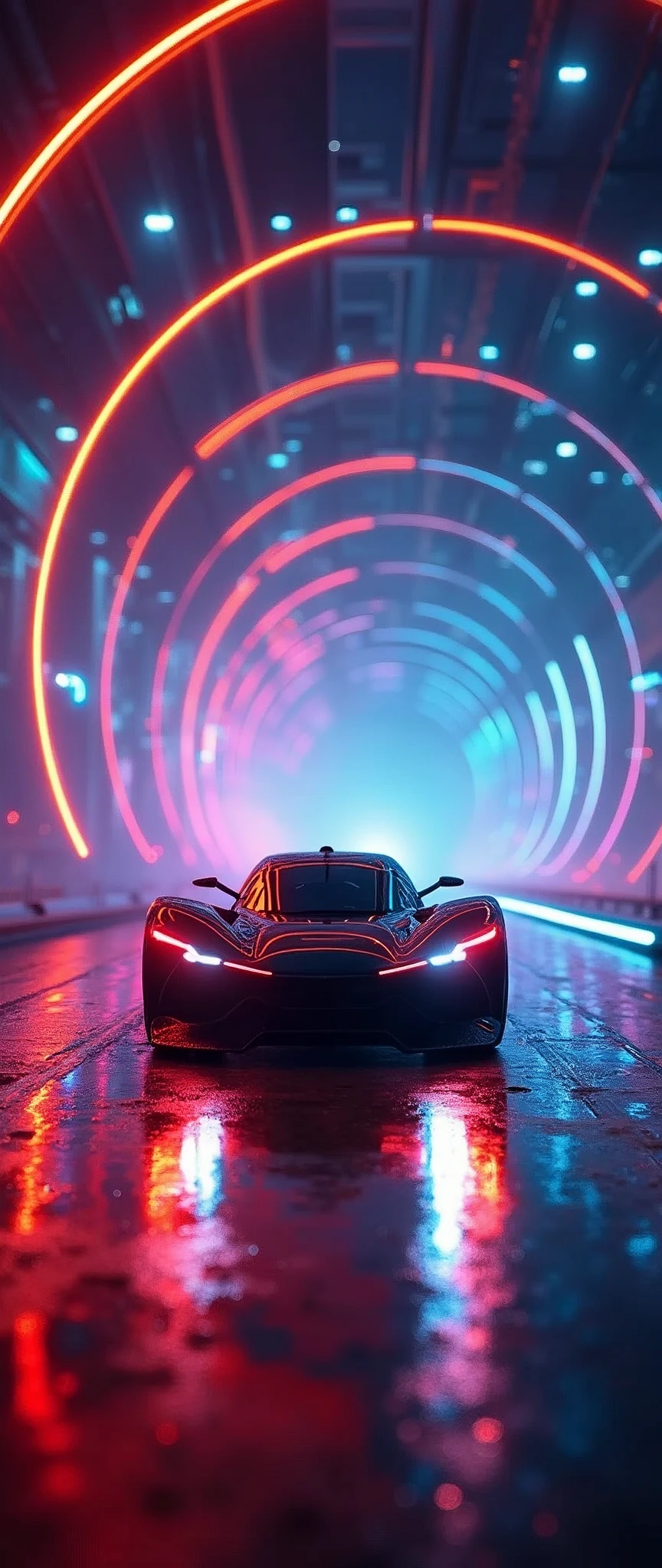 (masterpiece:1.2,Highest quality,Ultra-high resolution,Very detailed,Realistic,RAW Photos:1.2,Elaborate photos),8k,wallpaper,(Ray Tracing),(Future City:2.0),sf,cyber punk,(Streamlined future car:2.0),(Dynamic Angles),night,(Lane drawn with rainbow colored lights:2.0),(Tunnel of the future:2.0)
