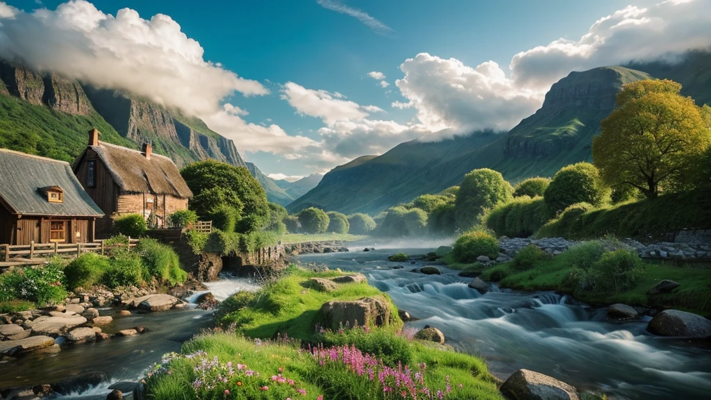Irish Village, mystical nature, Rivers, Mountains and forests, waterfall, cloud, Photorealistic photos, It's not 8k. Aerial view.