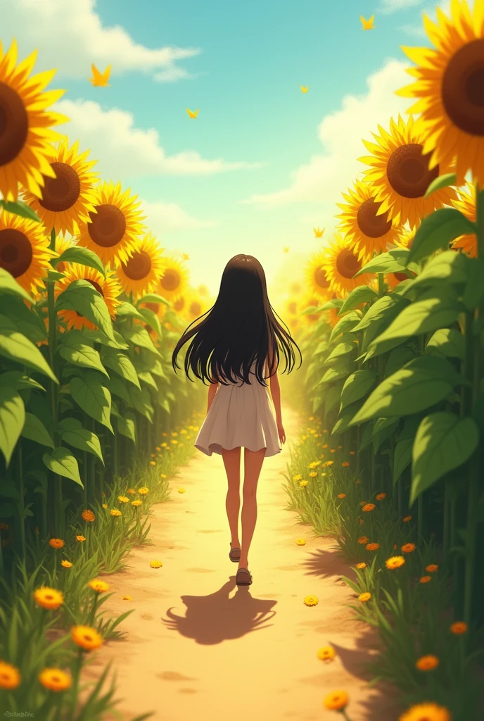 There's a path way inside the field of sunflower and there's a girl walking in the middle with long black hair make it animated