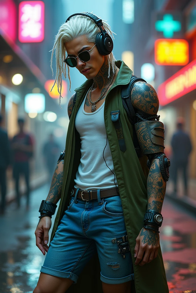 Create a man with human and robotic parts in a cyberpunk style wearing eyeglasses., headphone, dreadlock brancos, blue denim shorts, White tank top, green coat, a pair of black sneakers and tattoos.