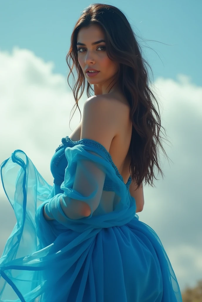 Kriti sanon in blue saree, showing hips, cloud, noises, hot pose, no sunlight, no shining, realistic, raw photo