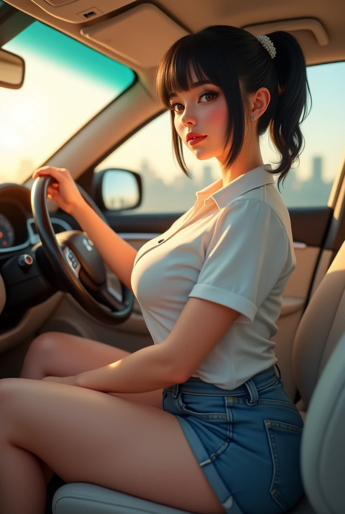 Naked ((huge breasts)), (Straight shoulder-length hair: 1.2), black hair,short ponytail，upper body, （very detailed CG 8k 벽지），（Incredibly stylish and beautiful.），（masterpiece），（best quality：1.0），（초high resolution：1.0），A beautiful light came in，Perfect 번개，Realistic Shading，[high resolution]，smooth, Perfect, fair skin，Very exquisite facial details，（Perfect 몸：1.1），very detailed，Beautiful girl，small head，(huge breasts:1.1)，attractive collarbone，Towering box，divided，chubby body type，big ass，thick thighs，thick arms，laugh，jollity，（white collar long sleeve shirt:1.1），（blue shorts：1.1），white sneakers，summer，morning，Sitting in a spacious private car，Female drivers，chest of steering wheel，Driving a car，wearing glasses, expect，enlargement，