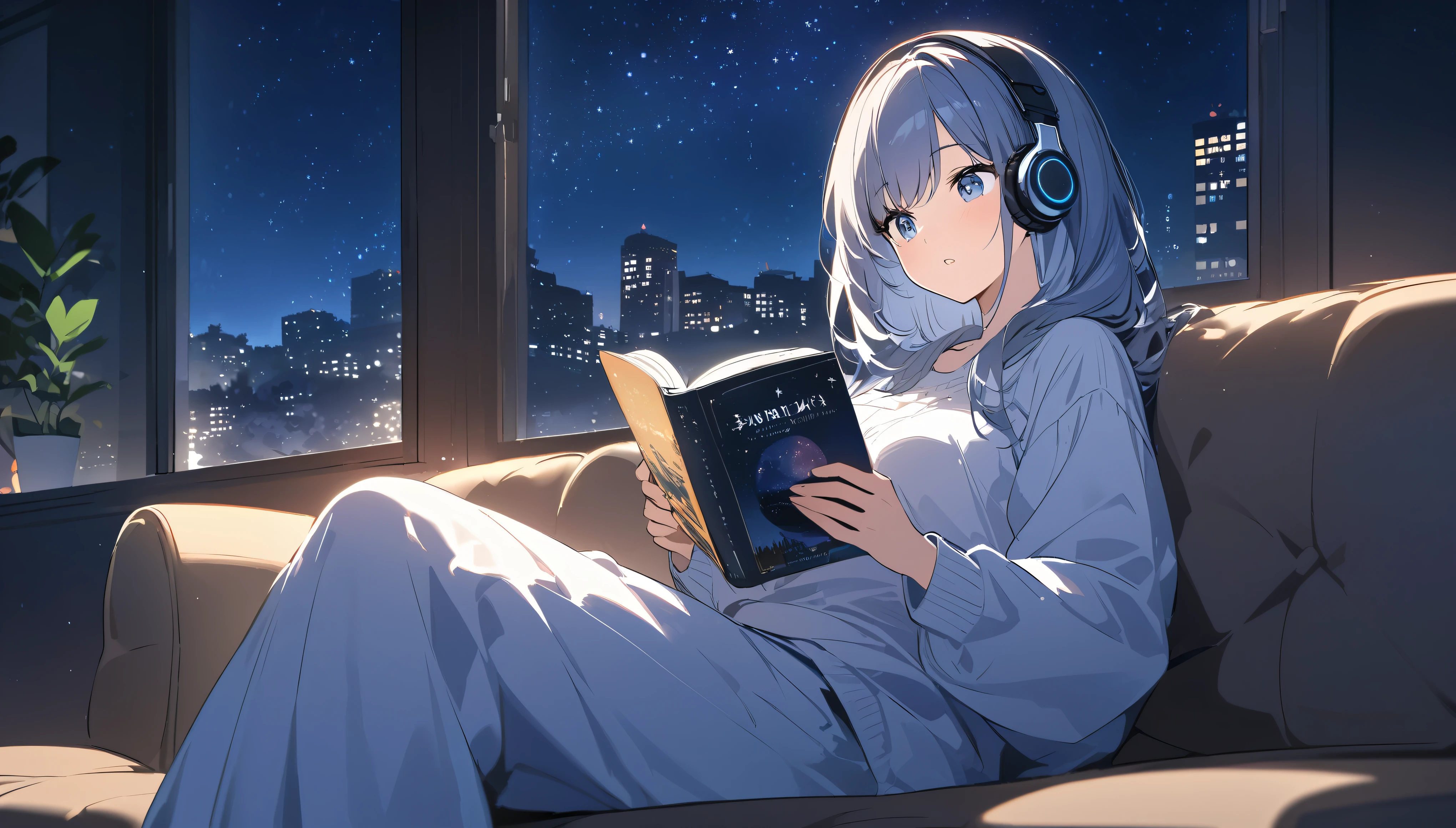sitting on the sofa and reading a book,In front of a large window,Night starry sky,Streetscape、listen to music、