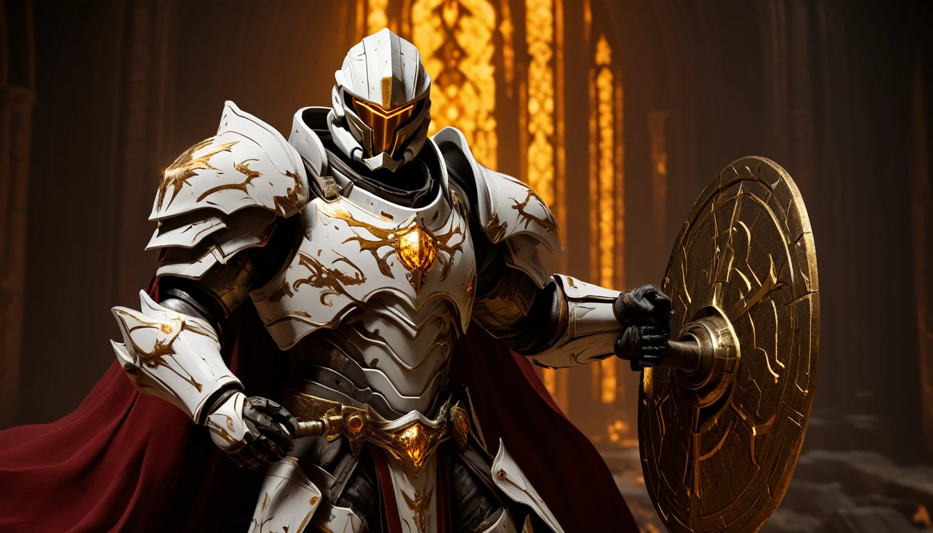 Masterpieces, male, Holy white Knight, (white armor) Action style shot, in a vampire castle, dark souls and elden ring style red, grey and silver color background scheme. (no undercloth), holding a hammer in one hand and a shield in the other, Glowing amber colored Christian Cross on breastplate, (Battle Priest in a warframe and doom style armor holding a hammer and shield with radiant amber light, emanating potent gold light magic.), (amber half cape), (action shot: walking through dark vampire castle), (white, amber and gold color scheme), (5 amber gems on belt), (holy light magic effects), white and amber tabard, centered, full body shot fighting, sci-fi knight, Halo master chief, vibrant colors, visible figure joints, cinematic shot, volumetric lighting, intricate pattern detail, highly detailed