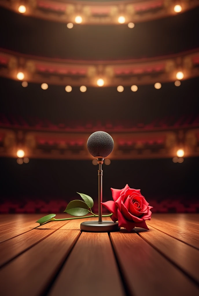 Create a logo where there is a microphone and next to it a rose on top of a large wooden stage and a theater in the background. I want the image to look extremely realistic.