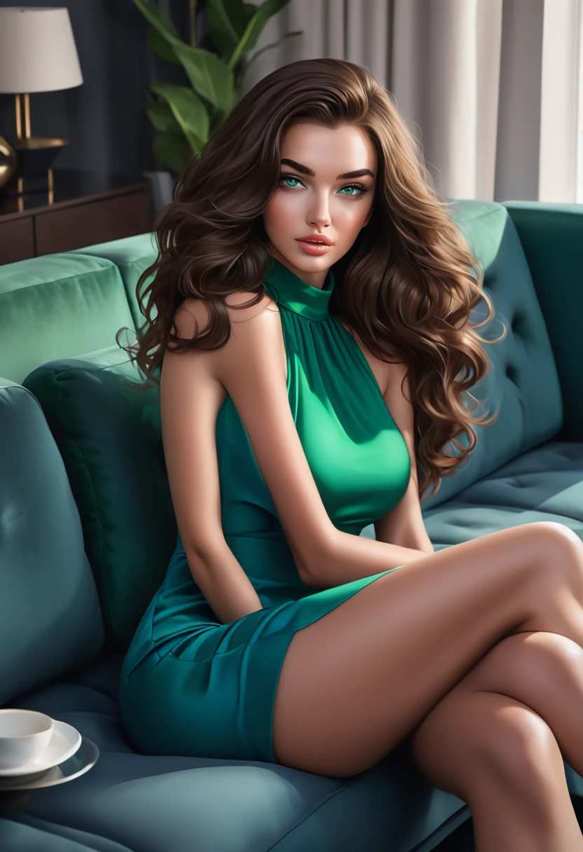 22-year-old girl, big brown hair, beautiful green eyes like Amy Jackson sitting on a modern apartment couch with a 34 year old man with hair, dark, short, blue eyes and gorgeous like Chris Wood