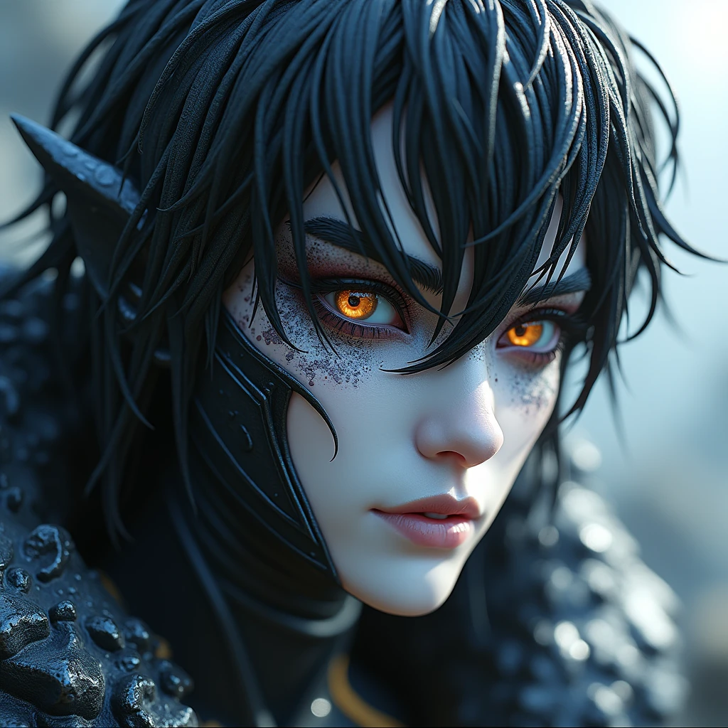 Close-up of a Manga Character with a White and Black Face、Shock Art、Concept Art、Lü Ji、暗闇❄️️剥製、Obsidian Skin、Official character art、Black Rock Statue Material、Mobile 3D Icon、Kaiju 8