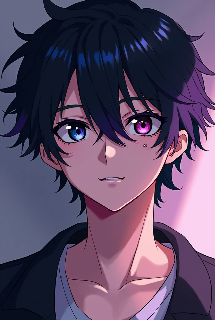 man, a Dominant omega, with a soft face , his hair is black with purple tips to his shoulders in layers, slightly rebellious,the left eye is divided into blue with black and the right into purple and red, fine features almost feminine, narrow waist and wide hips, two moles on one side of his right eye and a cut on his left eyebrow, in the style of the Boku no Hero Academia anime