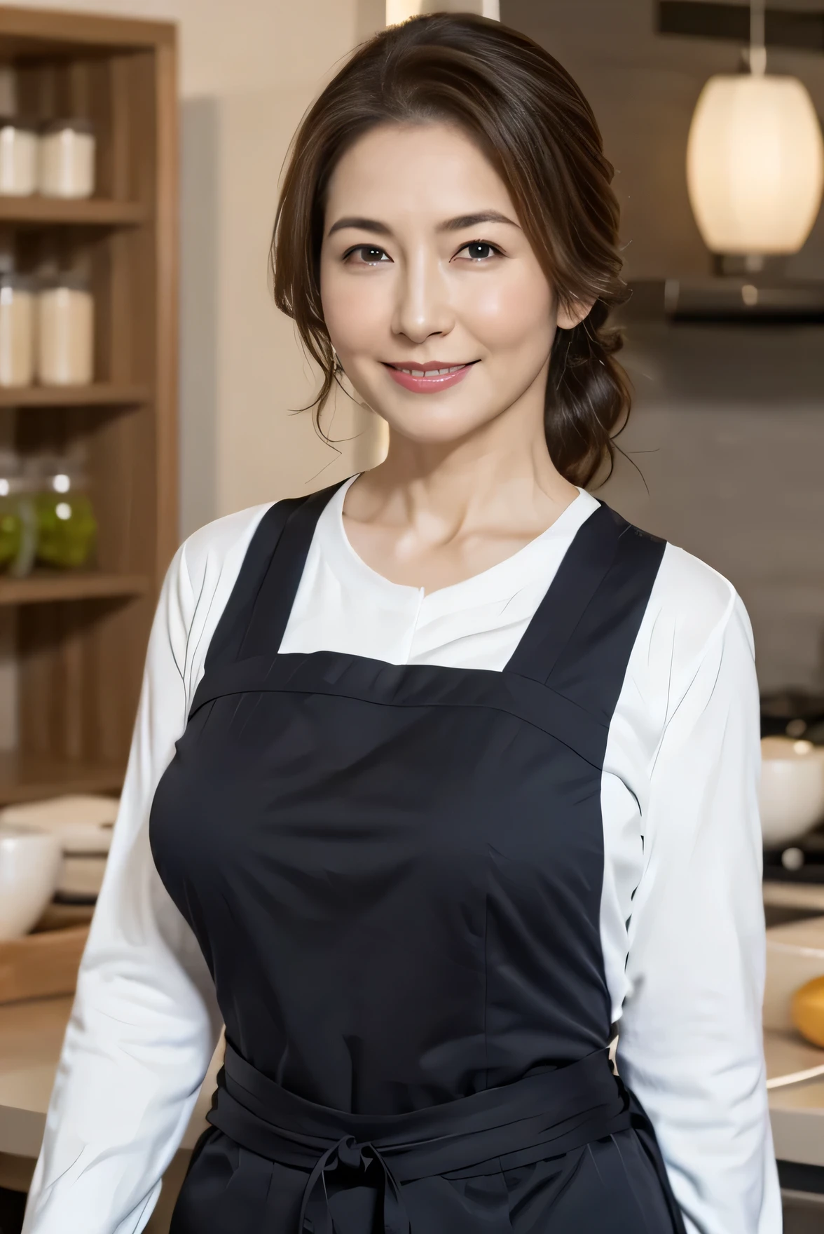 Full Body Shot,,50 years old,Mature Woman,Detailed Eyes,Wrinkles around the eyes,A kind smile,Big Tits 1.9,Saggy breasts 1.3,Plump body,Plump face 1.2,sensuous,(masterpiece:1.6, Highest quality), Complex details, Written boundary depth,detailed, (Knitwear and apron,skirt),8k,Highest quality, masterpiece, Ultra-high resolution,, Random Hairstyles In the kitchen Sideways pose 1.6.Glasses