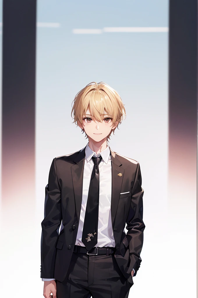 (((masterpiece; best quality: 1.2))), (detailed eyes: 1.3), ((1 young man)), ((solo)), (brown eyes: 1.4), (body shape; lean, masculine, manly: 1.3), (short blond hair: 1.3), (clear background: 1.2), ((depth of field)), (equipment: male school uniform + black jacket + black necktie + white shirt: 1.3), (anime illustration: 1.2), (background composition; japanese highschool classroom + furniture: 1.1), (handsome: 1.1), (shot composition; standing + centered on face + close-up: 1.5), (facial expression; calm + smile: 1.2)