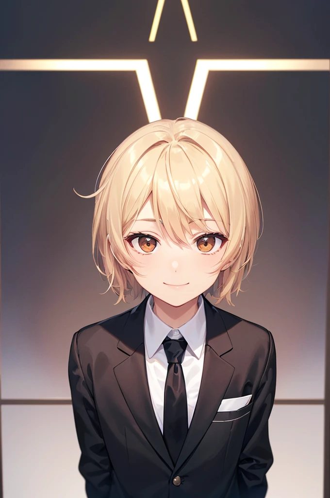 (((masterpiece; best quality: 1.2))), (detailed eyes: 1.3), ((1 young man)), ((solo)), (brown eyes: 1.4), (body shape; lean, masculine, manly: 1.3), (short blond hair: 1.3), (clear background: 1.2), ((depth of field)), (equipment: male school uniform + black jacket + black necktie + white shirt: 1.3), (anime illustration: 1.2), (background composition; japanese highschool classroom + furniture: 1.1), (handsome: 1.1), (shot composition; standing + centered on face + close-up: 1.5), (facial expression; calm + smile: 1.2)