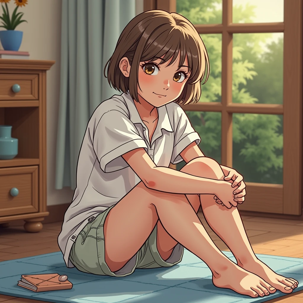 ((masterpiece)), ((best quality)), ((HD)), ((beautiful render art)), ((hentai art)), ((solo portrait)), ((full body)), ((feet visible)), ((cute anime girl)), ((detailed soft shading)), ((soft color palette)), ((intricate details)), {(cute), (short brown hair), (cute brown eyes), (short eyelashes), (beautiful legs), (beautiful feet), (blushing), (expressionless)}, {short green button-up shirt), (pantless)}, {(squatting), (head resting on hand), (looking at viewer)}, [background: (living room), (rug), (window), (blue sky), (sun rays)]