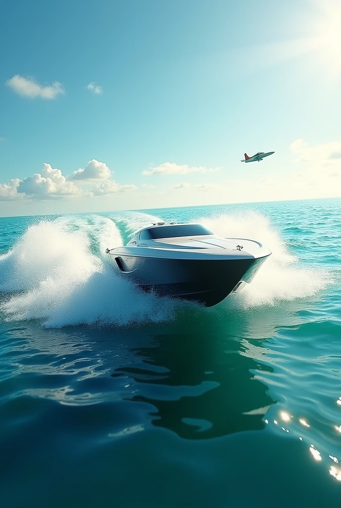 A hydroplane boat racing scene unfolds on the vast ocean, with the sun shining bright through a veil of white clouds. The camera captures the sleek hydroplane boat in mid-race, its propeller churning the turquoise water as it carves through the waves. A small aircraft soars overhead, leaving a contrail in its wake. The vehicle's speed and agility are on full display as it navigates the choppy waters, with foam-capped waves crashing against the hull. The ocean stretches out to the horizon, meeting the sky at a perfect line, with nary a human in sight.