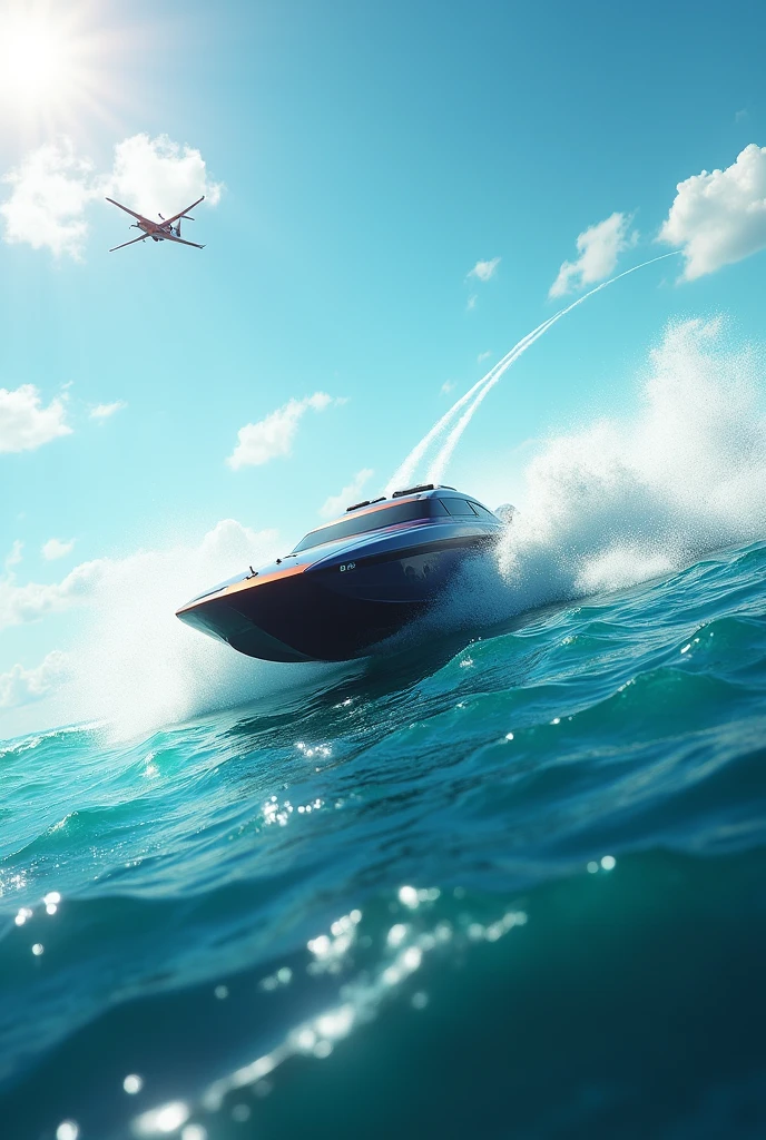 A hydroplane boat racing scene unfolds on the vast ocean, with the sun shining bright through a veil of white clouds. The camera captures the sleek hydroplane boat in mid-race, its propeller churning the turquoise water as it carves through the waves. A small aircraft soars overhead, leaving a contrail in its wake. The vehicle's speed and agility are on full display as it navigates the choppy waters, with foam-capped waves crashing against the hull. The ocean stretches out to the horizon, meeting the sky at a perfect line, with nary a human in sight.