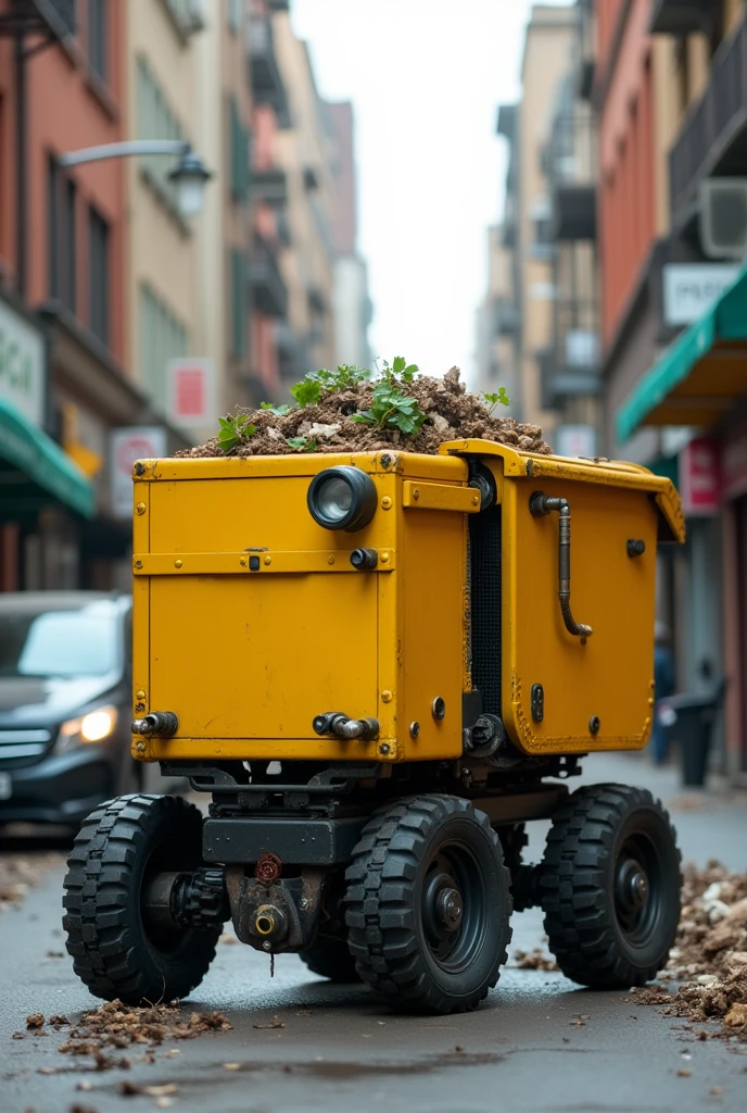 A yellow four-wheeled robot is collecting garbage.