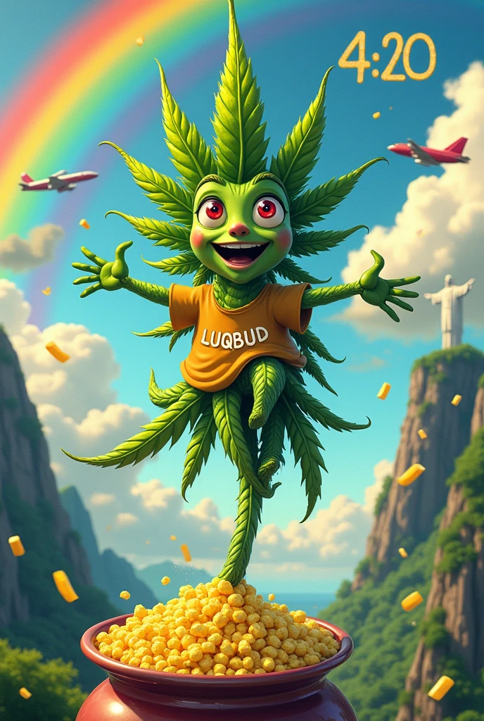 An EMOJI of a cannabis with a big smile and red eyes descending from a rainbow with a pot full of honey written in yellow rosin with white details and wearing a shirt written LUQBUD holding a cigarette in front of Christ the Redeemer on a sunny afternoon with planes in the sky forming the word 4:20
