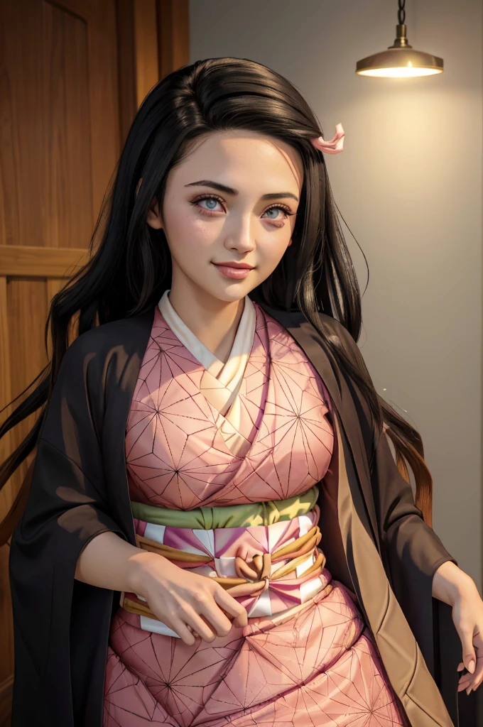 (Ultra Real), (Illustration), (High Resolution), (8K), (Very Detailed), (Best Illustration), (Beautiful Detailed Eyes), (Best Quality), (Ultra Detailed), (Masterpiece), (Wallpaper), (Detailed Face), Night Up, Ice Cream,Long Hair,Solo,Simple Kimono Top Girl, Sweaty, Japan Person, Big , (Camel Toe), (Nezuko Kamado, Kamado Nezuko, pink kimono), Flirty Smile, seductive, pomade, cleavage, (very short kimono, dress lift, flashing viewer:1.5), pink panties