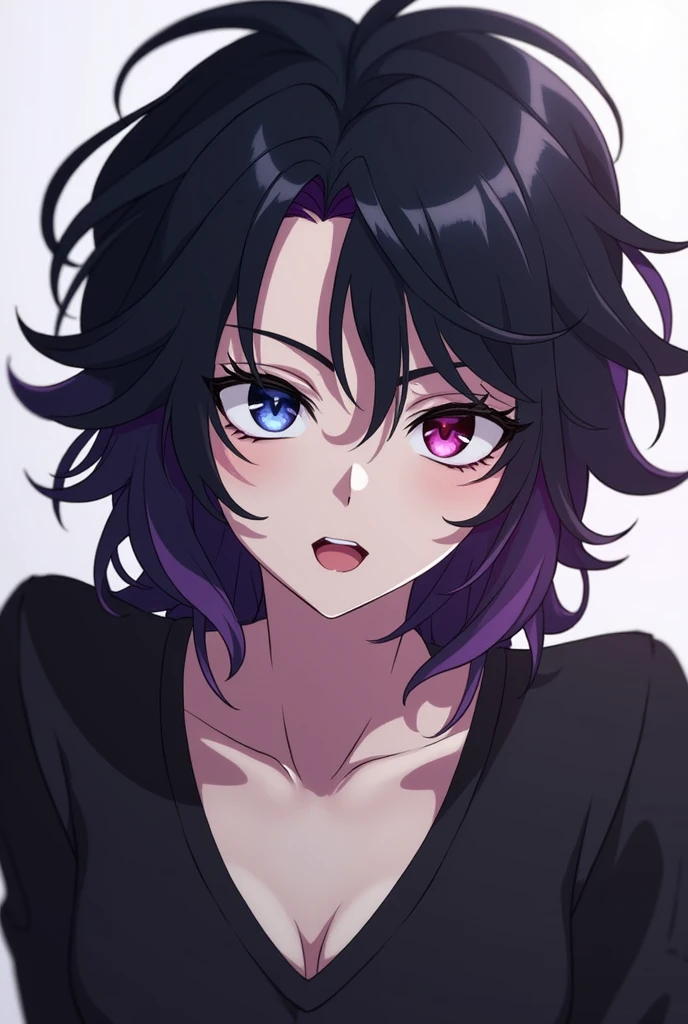 man, a Dominant omega, with a soft face , his hair is black with purple tips to his shoulders in layers, slightly rebellious,the left eye is divided into blue with black and the right into purple and red, fine features almost feminine, narrow waist and wide hips, two moles on one side of his right eye and a cut on his left eyebrow, in the style of the Boku no Hero Academia anime