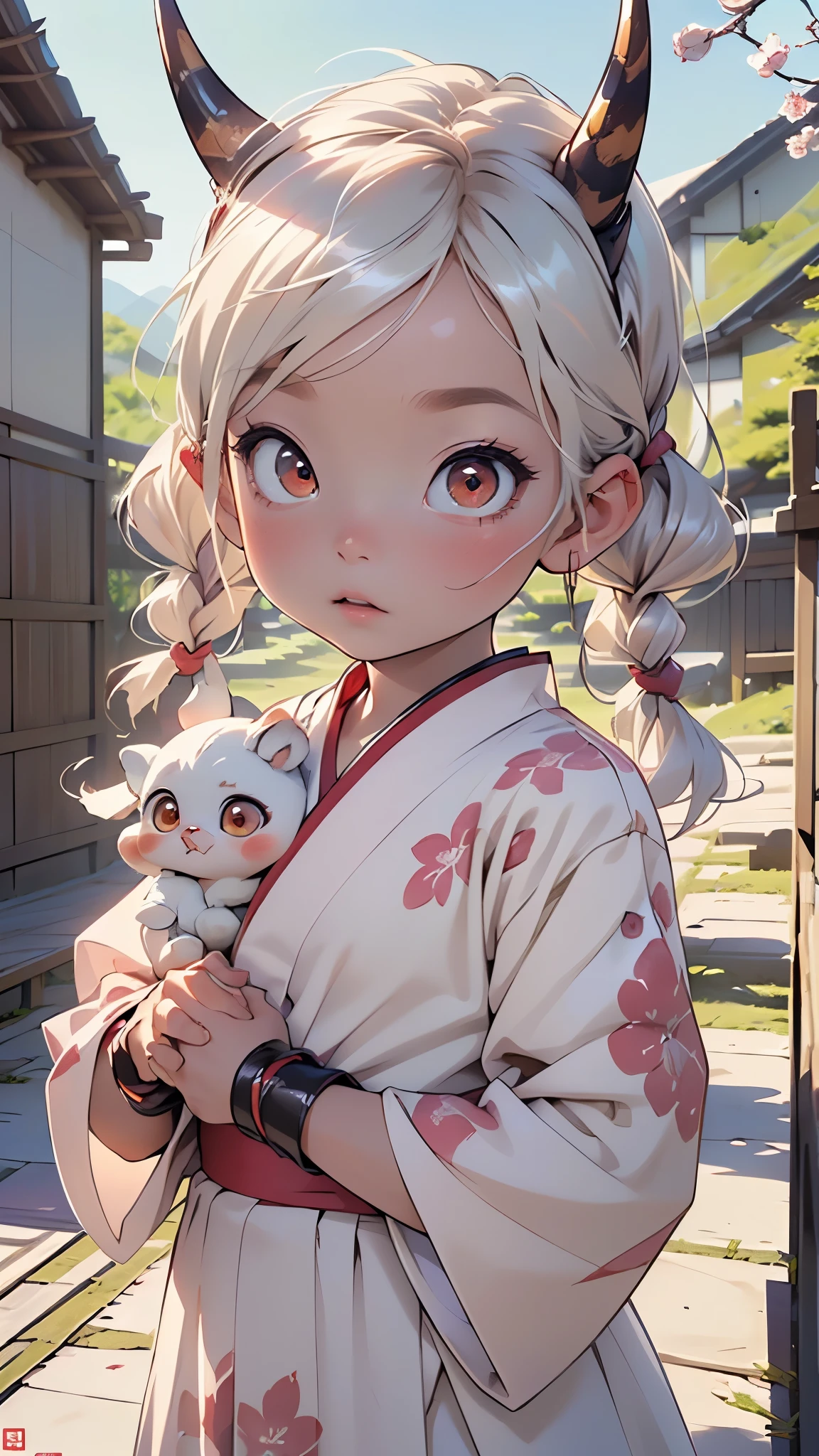 ((waraku chise, oni horns)),(((1 toddler:1.4))), (baby face), (round face), (little chest), (white hair, twin braids, low twintails, very long hair, sidelocks, hair flower, big forhead:1.2), ((red_eyes:1.5)),((beautiful big eyes:1.3), intricate eyes,beautiful detailed eyes,symmetrical eyes,big eyes:1.5, extremely detailed cute anime face, solo,🦄,🌈,kawaii,(((lustrous skin:1.5,tanned skin,bright skin: 1.5,skin tanned,shiny skin,very shiny skin,shiny body))),((nsfw)),((little ,chibi))),((small tiny body)),,((((6 years old)))),((flat chest)),
((halo, japanese clothes, detached sleeves, bridal gauntlets, obi, tabi, geta, sailor collar, blue bow,kawaiitech, pastel)),
(dynamic pose:1.0),embarrassed,(centered,scale to fit dimensions,Rule of thirds),
((cherry blossoms, Mountains covered with cherry blossoms, Change of the four seasons, mountains of japan)),scenery:1.25,((intricate scenery)),
(Glossy japan ornaments),highres,sharp focus,(ultra detailed,extremely detailed),(photorealistic artwork:1.37),(extremely detailed CG unity 8k wallpaper),(((vibrant colors,vibrant theme))),(intricate),(masterpiece),(best quality),artistic photography,(photography taken by sldr),(intricate background),perfect rendered face,perfect face details,realistic face,photo realistic,((intricate detail)),(((realism))),