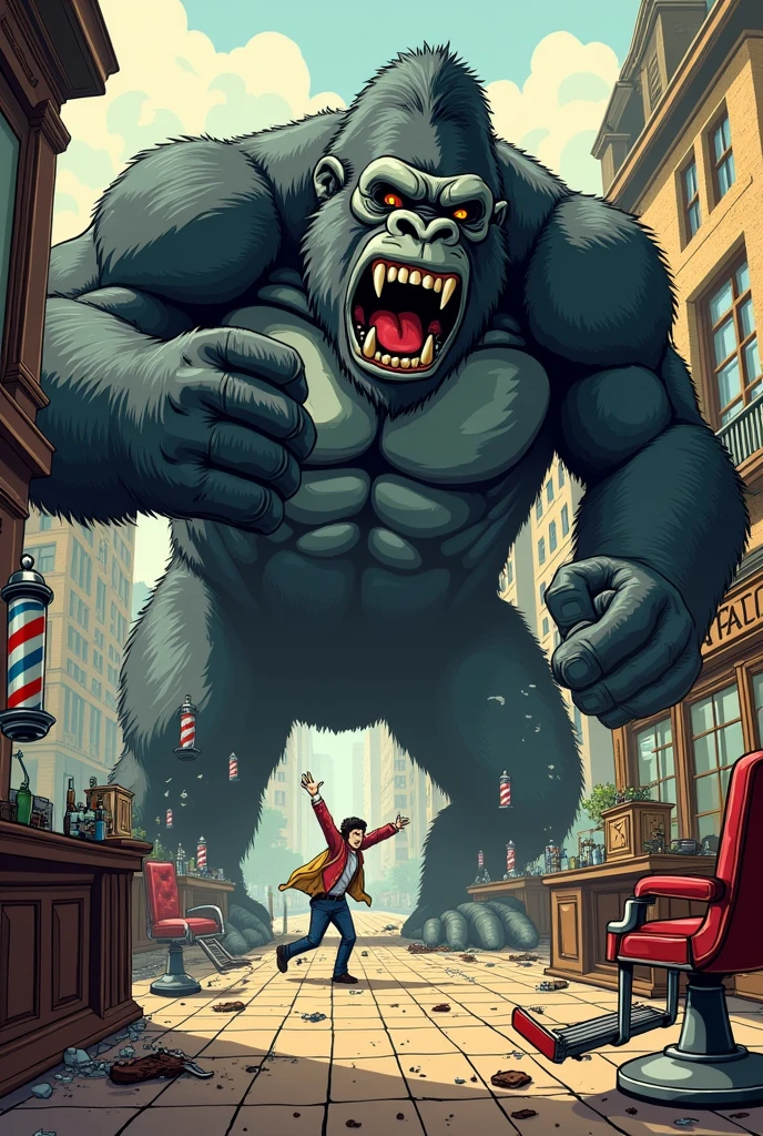 Barber shop monkey sign with a giant gorilla destroying a barber shop 